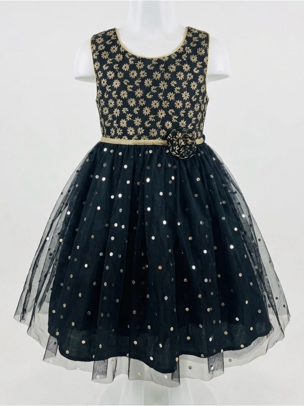 Claire Bell Girls Black & Gold Sleeveless Floral Stitch Tulle Party Dress 4/5T
